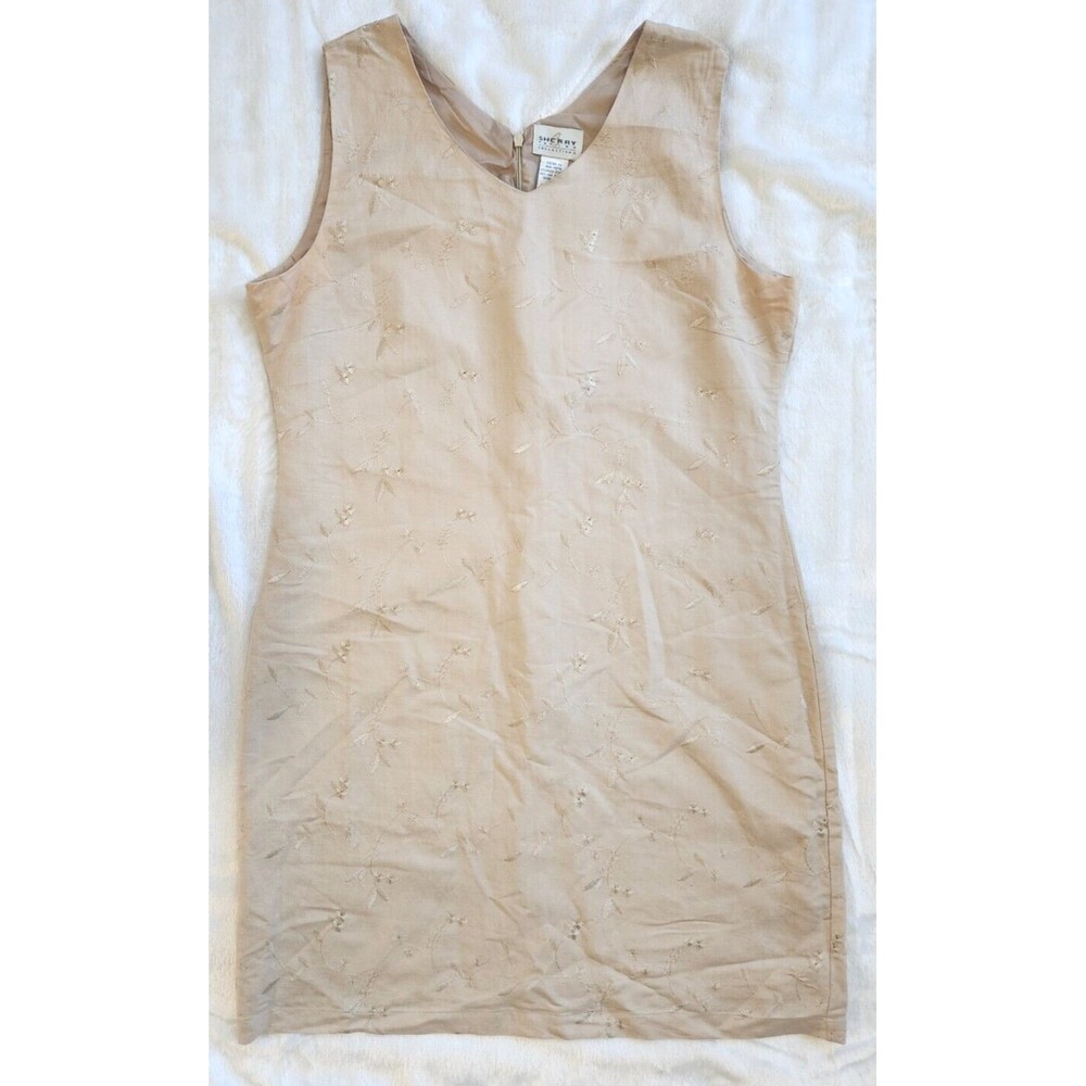 Sherry Taylor Beige Floral Embroidered Sheath Dress – Sleeveless, Size Large